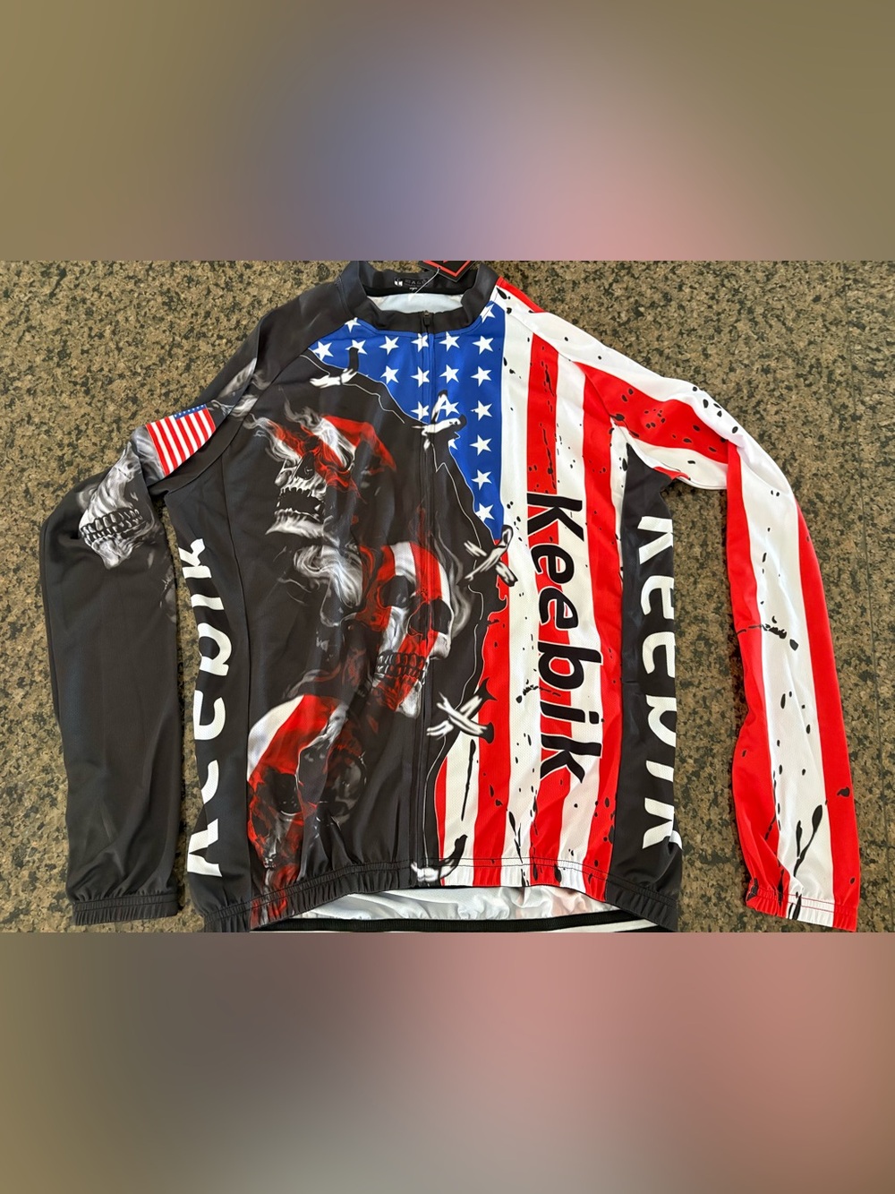 Keebik Full Zip Long Sleeve Cycling Jersey L Skull USA Flag Graphic Unisex